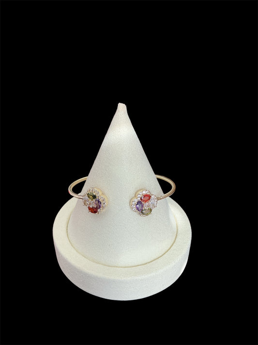Gold Clover Cuff Bracelet with Multi Color Stones