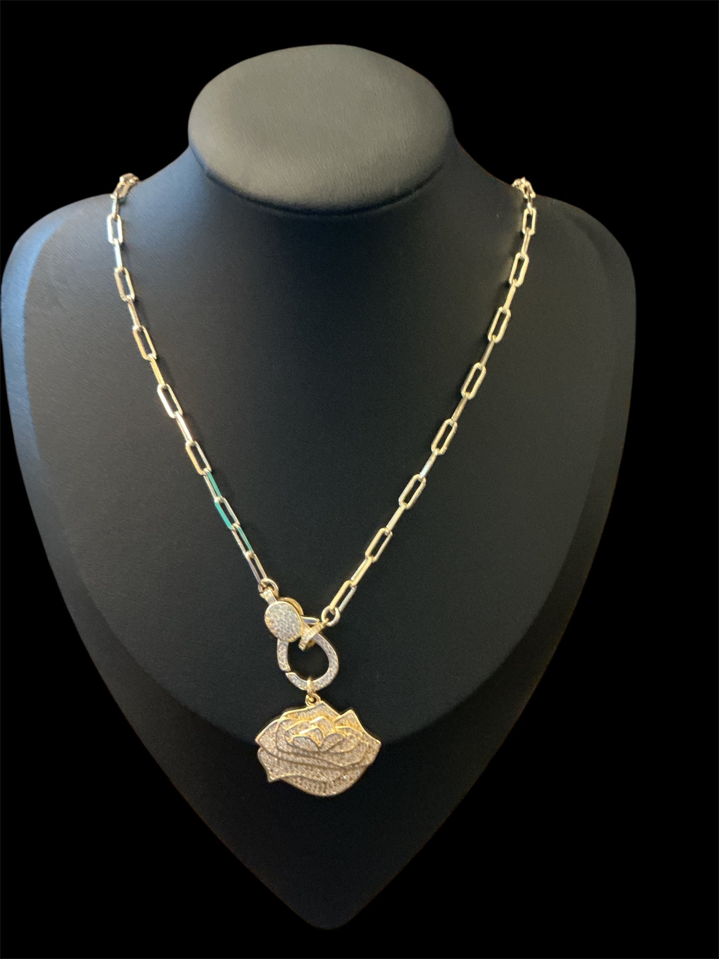Gold Link Necklace with Pave Crystal Rose Pendant