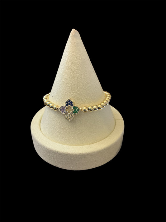 Gold Multicolored Stone Clover Stretch Bracelet