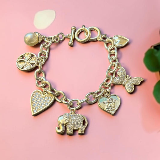 7 Charm Gold Bracelet with Toggle Closure - 8"
