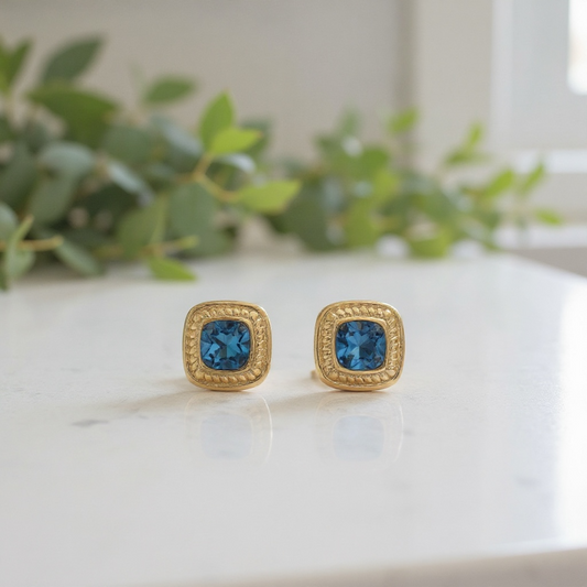 Gold Plated Blue Square Stud Earrings