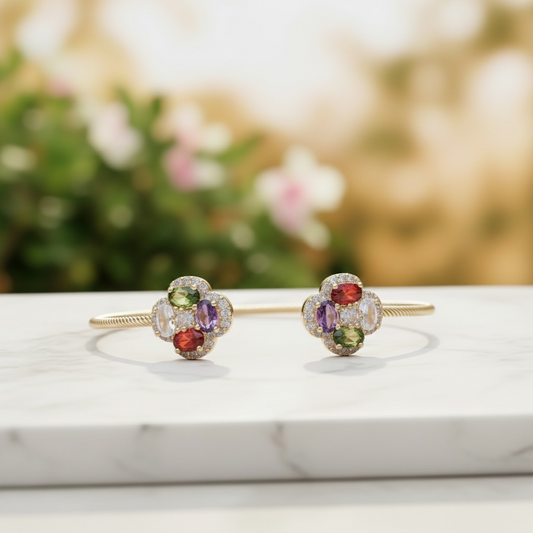 Gold Plated Clover Cuff Bracelet with Multi Color Stones