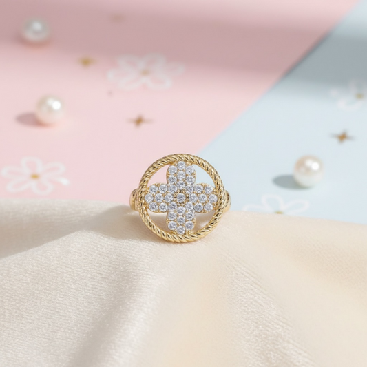 Gold Plated Crystal Pave Clover Ring