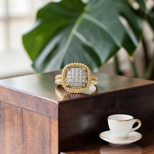 Gold Plated Ring with Square Pave Crystals - Size 8