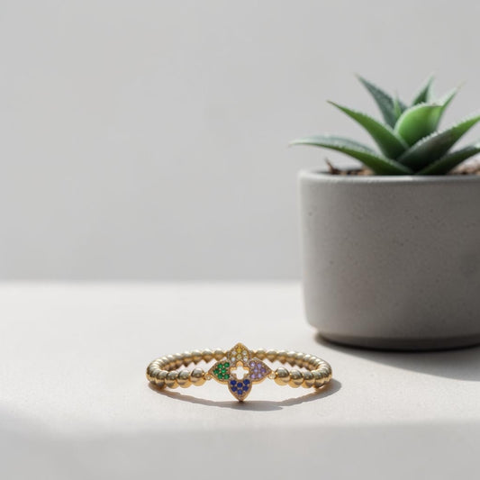 Gold Multicolored Stone Clover Stretch Bracelet