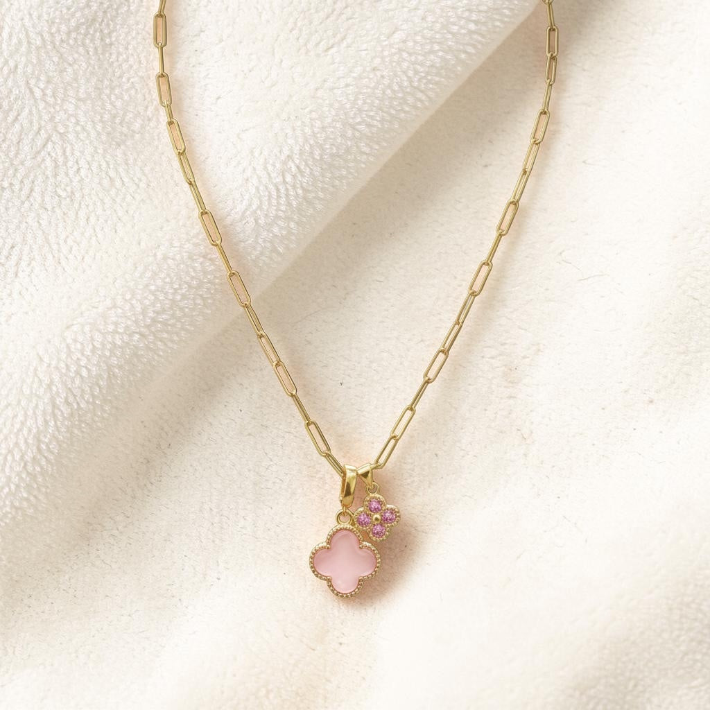 Gold Link Necklace with Pink Pendants
