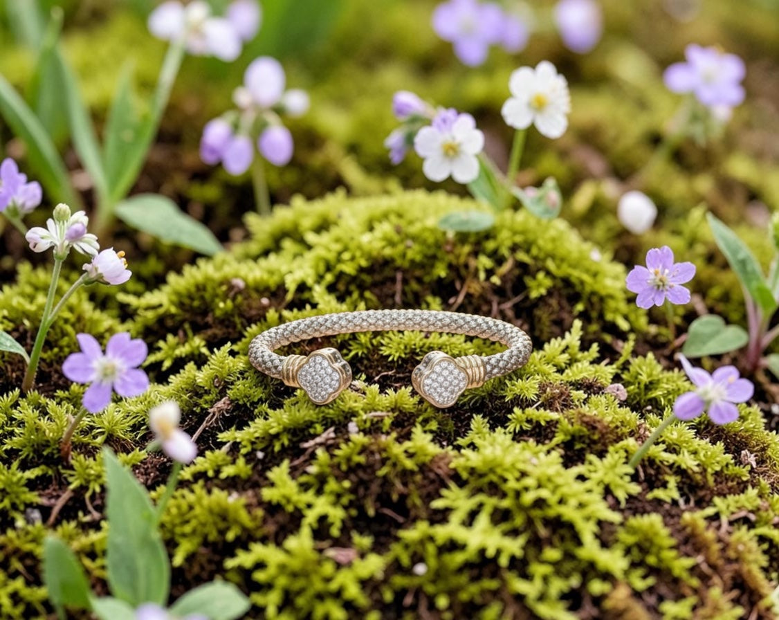 Two Tone Cable Bracelet with Clover Crystal Pave